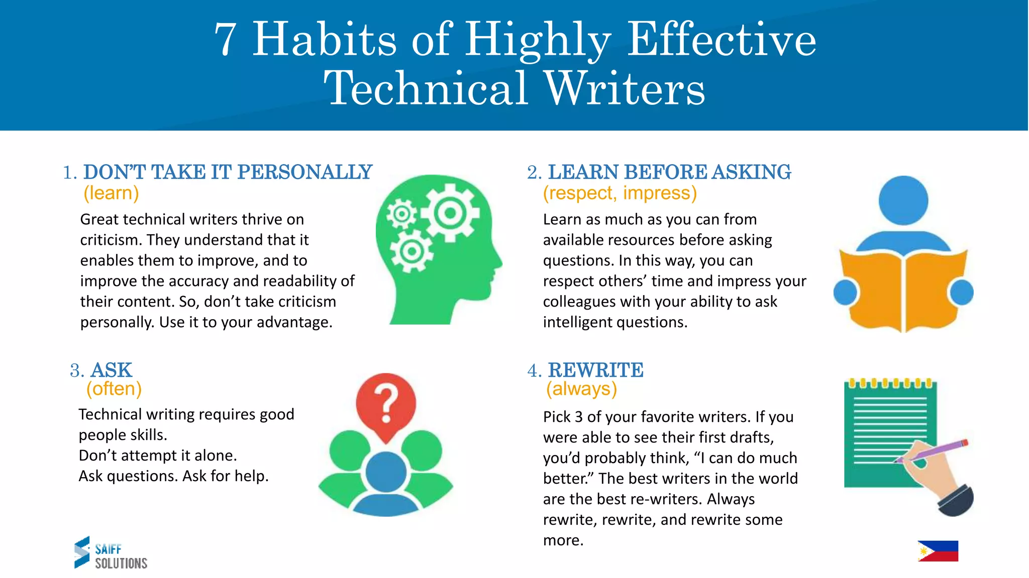 Vision
1. DON’T TAKE IT PERSONALLY
a (learn)
7 Habits of Highly Effective
Technical Writers
Great technical writers thrive on
criticism. They understand that it
enables them to improve, and to
improve the accuracy and readability of
their content. So, don’t take criticism
personally. Use it to your advantage.
2. LEARN BEFORE ASKING
a (respect, impress)
Learn as much as you can from
available resources before asking
questions. In this way, you can
respect others’ time and impress your
colleagues with your ability to ask
intelligent questions.
3. ASK
a (often)
Technical writing requires good
people skills.
Don’t attempt it alone.
Ask questions. Ask for help.
Pick 3 of your favorite writers. If you
were able to see their first drafts,
you’d probably think, “I can do much
better.” The best writers in the world
are the best re-writers. Always
rewrite, rewrite, and rewrite some
more.
4. REWRITE
a (always)
 