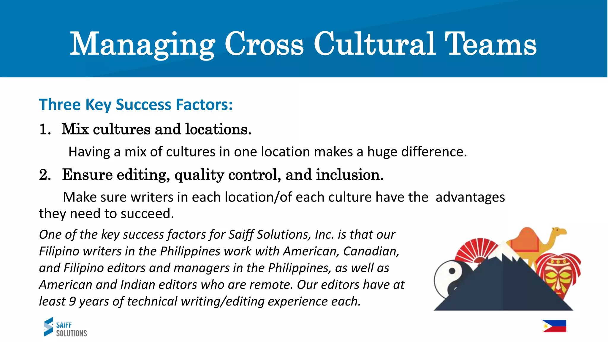 Managing Cross Cultural Teams
Three Key Success Factors:
1. Mix cultures and locations.
Having a mix of cultures in one location makes a huge difference.
2. Ensure editing, quality control, and inclusion.
Make sure writers in each location/of each culture have the advantages
they need to succeed.
One of the key success factors for Saiff Solutions, Inc. is that our
Filipino writers in the Philippines work with American, Canadian,
and Filipino editors and managers in the Philippines, as well as
American and Indian editors who are remote. Our editors have at
least 9 years of technical writing/editing experience each.
 