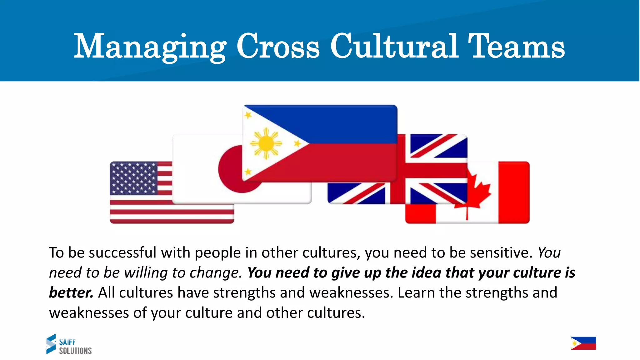 Managing Cross Cultural Teams
To be successful with people in other cultures, you need to be sensitive. You
need to be willing to change. You need to give up the idea that your culture is
better. All cultures have strengths and weaknesses. Learn the strengths and
weaknesses of your culture and other cultures.
Managing Cross Cultural Teams
 