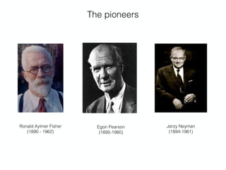 The pioneers
Ronald Aylmer Fisher  
(1890 - 1962)
Jerzy Neyman  
(1894-1981)
Egon Pearson  
(1895-1980)
 