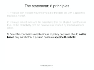The statement: 6 principles
1. P-values can indicate how incompatible the data are with a speciﬁed
statistical model.
2. P-values do not measure the probability that the studied hypothesis is
true, or the probability that the data were produced by random chance
alone.
3. Scientiﬁc conclusions and business or policy decisions should not be
based only on whether a p-value passes a speciﬁc threshold.
4. Proper inference requires full reporting and transparency.
5. A p-value, or statistical signiﬁcance, does not measure the size of an
effect or the importance of a result.
6. By itself, a p-value does not provide a good measure of evidence
regarding a model or hypothesis.
from the ASA statement
 