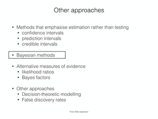 Other approaches
• Methods that emphasise estimation rather than testing
• conﬁdence intervals
• prediction intervals
• credible intervals
• Bayesian methods
• Alternative measures of evidence
• likelihood ratios
• Bayes factors
• Other approaches
• Decision-theoretic modelling
• False discovery rates
From ASA statement
 