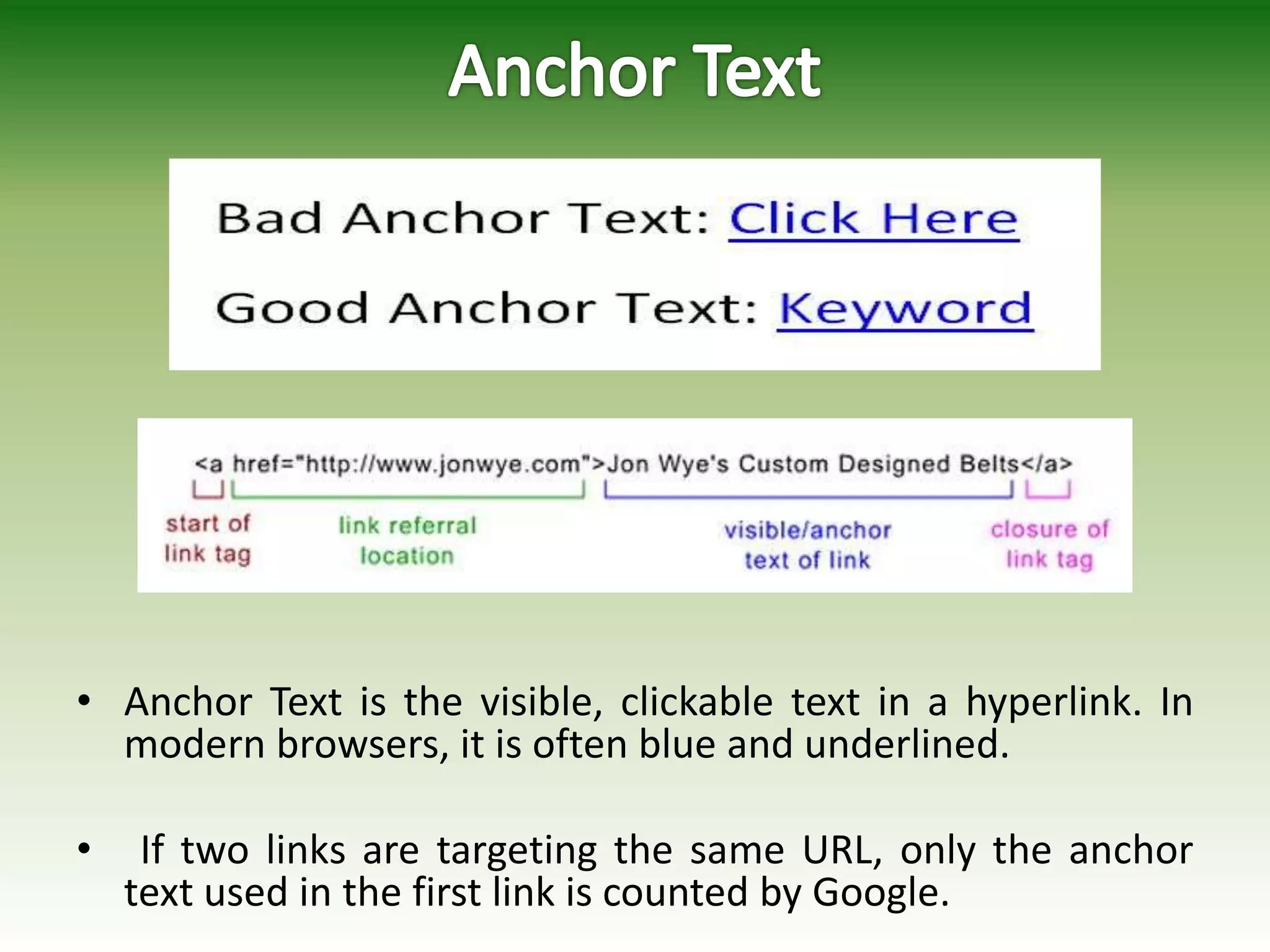 • Anchor Text is the visible, clickable text in a hyperlink. In
modern browsers, it is often blue and underlined.
• If two links are targeting the same URL, only the anchor
text used in the first link is counted by Google.
 