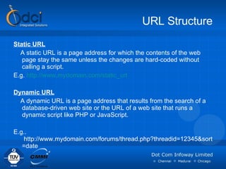 URL Structure Static URL A static URL is a page address for which the contents of the web page stay the same unless the changes are hard-coded without calling a script. E.g.  http:// www.mydomain.com/static_url Dynamic URL A dynamic URL is a page address that results from the search of a database-driven web site or the URL of a web site that runs a dynamic script like PHP or JavaScript. E.g..  http://www.mydomain.com/forums/thread.php?threadid=12345&sort=date 