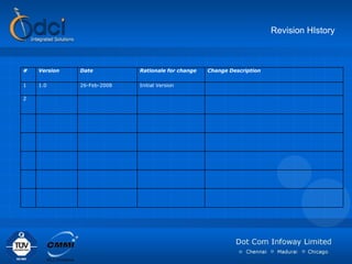 Revision HIstory # Version Date Rationale for change  Change Description 1 1.0 26-Feb-2008 Initial Version 2 