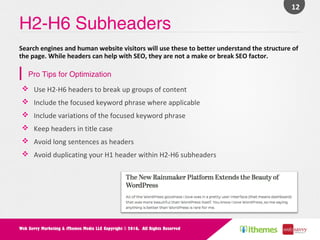 H2-H6 Subheaders
12	
Web Savvy Marketing & iThemes Media LLC Copyright © 2016, All Rights Reserved
v  Use	H2-H6	headers	to...