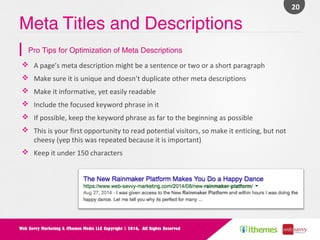 Meta Titles and Descriptions
20	
Web Savvy Marketing & iThemes Media LLC Copyright © 2016, All Rights Reserved
v  A	page’s...