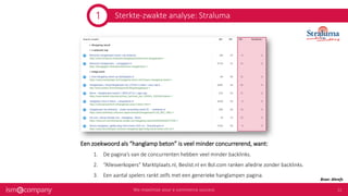 Sterkte-zwakte analyse: Straluma
Een zoekwoord als “hanglamp beton” is veel minder concurrerend, want:
Bron: Ahrefs
1
1. De pagina’s van de concurrenten hebben veel minder backlinks.
2. “Allesverkopers” Marktplaats.nl, Beslist.nl en Bol.com ranken alledrie zonder backlinks.
3. Een aantal spelers rankt zelfs met een generieke hanglampen pagina.
 