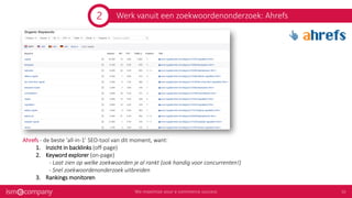 Werk vanuit een zoekwoordenonderzoek: Ahrefs
Ahrefs - de beste ‘all-in-1’ SEO-tool van dit moment, want:
1. Inzicht in backlinks (off-page)
2. Keyword explorer (on-page)
- Laat zien op welke zoekwoorden je al rankt (ook handig voor concurrenten!)
- Snel zoekwoordenonderzoek uitbreiden
3. Rankings monitoren
2
 