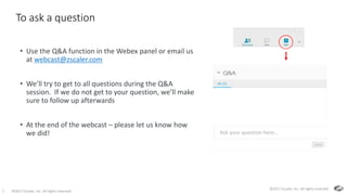 ©2017 Zscaler, Inc. All rights reserved.1
To ask a question
• Use the Q&A function in the Webex panel or email us
at webcast@zscaler.com
• We’ll try to get to all questions during the Q&A
session. If we do not get to your question, we’ll make
sure to follow up afterwards
• At the end of the webcast – please let us know how
we did!
©2017 Zscaler, Inc. All rights reserved.
Ask your question here…
 