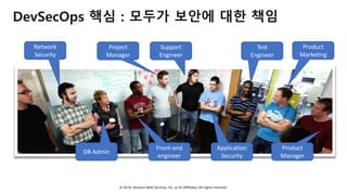 © 2018, Amazon Web Services, Inc. or Its Affiliates. All rights reserved.
DevSecOps 핵심 : 모두가 보안에 대한 책임
Network
Security
Front-end
engineer
Project
Manager
DB Admin
Application
Security
Product
Marketing
Test
Engineer
Support
Engineer
Product
Manager
 