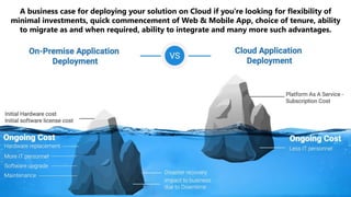 A business case for deploying your solution on Cloud if you're looking for flexibility of
minimal investments, quick commencement of Web & Mobile App, choice of tenure, ability
to migrate as and when required, ability to integrate and many more such advantages.
 