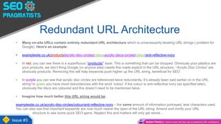 Redundant URL Architecture
• Many on-site URLs contain entirely redundant URL architecture which is unnecessarily bloating URL strings ( problem for
Google). Here’s an example:
• examplesite.co.uk/products/acrylic-disc-circles/colour-acrylic-discs-circles/colour/anti-reflective-ivory
• In red, you can see there is a superfluous “/products/” layer. This is something that can be dropped. Obviously your plastics are
your products, we don’t thing Google (or anyone else) needs this made explicit in the URL structure. “Acrylic Disc Circles” are
obviously products. Removing this will help keywords push higher up the URL string, beneficial for SEO
• In purple you can see that acrylic disc circles are referenced twice redundantly. It’s already been said earlier on in the URL
string! In green you have more redundancies with the word ‘colour’ if the colour is anti-reflective ivory (as specified later),
obviously the discs are coloured and this doesn’t need to be mentioned twice.
• Imagine how much better this URL string would be:
examplesite.co.uk/acrylic-disc-circles/colour/anti-reflective-ivory – the same amount of information portrayed, less characters used.
You can also see that important keywords are now much nearer the open of the URL string. Amend and minify your URL
structure to see some quick SEO gains. Neglect this and matters will only get worse…
Issue #3 Action Point(s): Client to work with their dev to streamline URL architecture
 