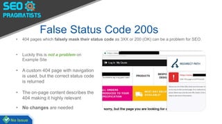 False Status Code 200s
• 404 pages which falsely mask their status code as 3XX or 200 (OK) can be a problem for SEO.
• Luckily this is not a problem on
Example Site
• A custom 404 page with navigation
is used, but the correct status code
is returned
• The on-page content describes the
404 making it highly relevant
• No changes are needed
No Issue
 