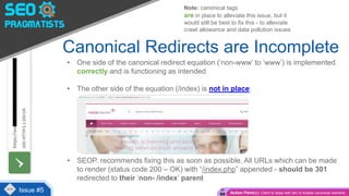 Canonical Redirects are Incomplete
• One side of the canonical redirect equation (‘non-www’ to ‘www’) is implemented
correctly and is functioning as intended
• The other side of the equation (/index) is not in place:
• SEOP. recommends fixing this as soon as possible. All URLs which can be made
to render (status code 200 – OK) with “/index.php” appended - should be 301
redirected to their ‘non- /index’ parent
Issue #5
Note: canonical tags
are in place to alleviate this issue, but it
would still be best to fix this - to alleviate
crawl allowance and data pollution issues
Action Point(s): Client to liaise with dev to finalise canonical redirects
 