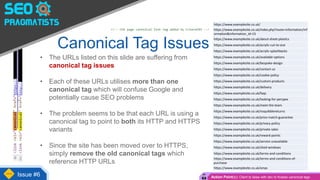https://www.examplesite.co.uk/
https://www.examplesite.co.uk/index.php?route=information/inf
ormation&information_id=15
https://www.examplesite.co.uk/about-sheet-plastics
https://www.examplesite.co.uk/acrylic-cut-to-size
https://www.examplesite.co.uk/acrylic-splashbacks
https://www.examplesite.co.uk/available-options
https://www.examplesite.co.uk/bespoke-design
https://www.examplesite.co.uk/contact-us
https://www.examplesite.co.uk/cookie-policy
https://www.examplesite.co.uk/custom-products
https://www.examplesite.co.uk/delivery
https://www.examplesite.co.uk/faqs
https://www.examplesite.co.uk/looking-for-perspex
https://www.examplesite.co.uk/meet-the-team
https://www.examplesite.co.uk/noquibblereturns
https://www.examplesite.co.uk/price-match-guarantee
https://www.examplesite.co.uk/privacy-policy
https://www.examplesite.co.uk/private-sales
https://www.examplesite.co.uk/reward-points
https://www.examplesite.co.uk/service-unavailable
https://www.examplesite.co.uk/shed-windows
https://www.examplesite.co.uk/terms-and-conditions
https://www.examplesite.co.uk/terms-and-conditions-of-
purchase
https://www.examplesite.co.uk/xmas
Canonical Tag Issues
• The URLs listed on this slide are suffering from
canonical tag issues
• Each of these URLs utilises more than one
canonical tag which will confuse Google and
potentially cause SEO problems
• The problem seems to be that each URL is using a
canonical tag to point to both its HTTP and HTTPS
variants
• Since the site has been moved over to HTTPS,
simply remove the old canonical tags which
reference HTTP URLs
Issue #6 Action Point(s): Client to liaise with dev to finalise canonical tags
 