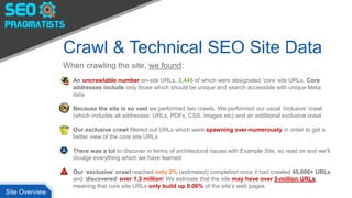Crawl & Technical SEO Site Data
When crawling the site, we found:
• An uncrawlable number on-site URLs, 3,445 of which were designated ‘core’ site URLs. Core
addresses include only those which should be unique and search accessible with unique Meta
data
• Because the site is so vast we performed two crawls. We performed our usual ‘inclusive’ crawl
(which includes all addresses: URLs, PDFs, CSS, images etc) and an additional exclusive crawl
• Our exclusive crawl filtered out URLs which were spawning over-numerously in order to get a
better view of the core site URLs
• There was a lot to discover in terms of architectural issues with Example Site, so read on and we’ll
divulge everything which we have learned
• Our ‘exclusive’ crawl reached only 2% (estimated) completion once it had crawled 45,000+ URLs
and ‘discovered’ over 1.3 million! We estimate that the site may have over 5-million URLs,
meaning that core site URLs only build up 0.06% of the site’s web pages
Site Overview
 