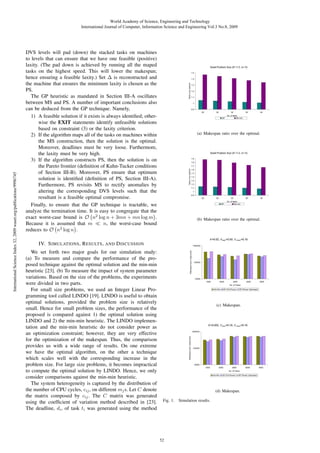 International Science Index 32, 2009 waset.org/publications/9996745

World Academy of Science, Engineering and Technology
International Journal of Computer, Information Science and Engineering Vol:3 No:8, 2009

DVS levels will pad (down) the stacked tasks on machines
to levels that can ensure that we have one feasible (positive)
laxity. (The pad down is achieved by running all the maped
tasks on the highest speed. This will lower the makespan;
hence ensuring a feasible laxity.) Set Δ is reconstructed and
the machine that ensures the minimum laxity is chosen as the
PS.
The GP heuristic as mandated in Section III-A oscillates
between MS and PS. A number of important conclusions also
can be deduced from the GP technique. Namely,
1) A feasible solution if it exists is always identiﬁed; otherwise the EXIT statements identify unfeasible solutions
based on constraint (3) or the laxity criterion.
2) If the algorithm maps all of the tasks on machines within
the MS construction, then the solution is the optimal.
Moreover, deadlines must be very loose. Furthermore,
the laxity must be very high.
3) If the algorithm constructs PS, then the solution is on
the Pareto frontier (deﬁnition of Kuhn-Tucker conditions
of Section III-B). Moreover, PS ensure that optimum
solution is identiﬁed (deﬁnition of PS, Section III-A).
Furthermore, PS revisits MS to rectify anomalies by
altering the corresponding DVS levels such that the
resultant is a feasible optimal compromise.
Finally, to ensure that the GP technique is tractable, we
analyze the termination time. It is easy to congregate that the
exact worst-case bound is O n2 log n + 3mn + mn log m .
Because it is assumed that m
n, the worst-case bound
reduces to O n2 log n .

(a) Makespan ratio over the optimal.

(b) Makespan ratio over the optimal.

IV. S IMULATIONS , R ESULTS , AND D ISCUSSION
We set forth two major goals for our simulation study:
(a) To measure and compare the performance of the proposed technique against the optimal solution and the min-min
heuristic [23]. (b) To measure the impact of system parameter
variations. Based on the size of the problems, the experiments
were divided in two parts.
For small size problems, we used an Integer Linear Programming tool called LINDO [19]. LINDO is useful to obtain
optimal solutions, provided the problem size is relatively
small. Hence for small problem sizes, the performance of the
proposed is compared against 1) the optimal solution using
LINDO and 2) the min-min heuristic. The LINDO implementation and the min-min heuristic do not consider power as
an optimization constraint; however, they are very effective
for the optimization of the makespan. Thus, the comparison
provides us with a wide range of results. On one extreme
we have the optimal algorithm, on the other a technique
which scales well with the corresponding increase in the
problem size. For large size problems, it becomes impractical
to compute the optimal solution by LINDO. Hence, we only
consider comparisons against the min-min heuristic.
The system heterogeneity is captured by the distribution of
the number of CPU cycles, cij , on different mj s. Let C denote
the matrix composed by cij . The C matrix was generated
using the coefﬁcient of variation method described in [23].
The deadline, di , of task ti was generated using the method

(c) Makespan.

(d) Makespan.
Fig. 1.

52

Simulation results.

 