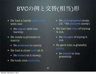 SVCの例と交替(相当)形
        • He had a harsh argument               • He photographed nicely.
             with her.                            (cf. *He pictured nicely)

            • He argued with her              • He had the idea of trying
                 harshly.                       it out.
        • He made a promise to                  • He thought of trying it
             marry.                               out.

            • He promised to marry.           • Se gave him a grateful
                                                smile.
        • He had a close look at it.
                                                • Se smiled to him
            • He looked at it closely.            gratefully.
        • He took nice pictures.

                                         80

Monday, February 21, 2011
 