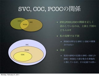 SVC, COC, PCOCの関係
                      COC
                                         SVC   • SVC,PCOC,COCの関係を正しく
                             PCOC
                                                表わしているのは，上図と下図の
                                                どちらか?

                                               • 私の見解では下図
                                                 • PCOCは単なる SVC と COC の積集
                                  SVC              合ではない

                                  PCOC         • 含意
                            COC
                                                 • 従来のSVCの定義は SVC – COC (か
                                                   SVC – PCOC) の部分集合を排他的
                                                   に指しているが，その定義では狭い




Monday, February 21, 2011
 