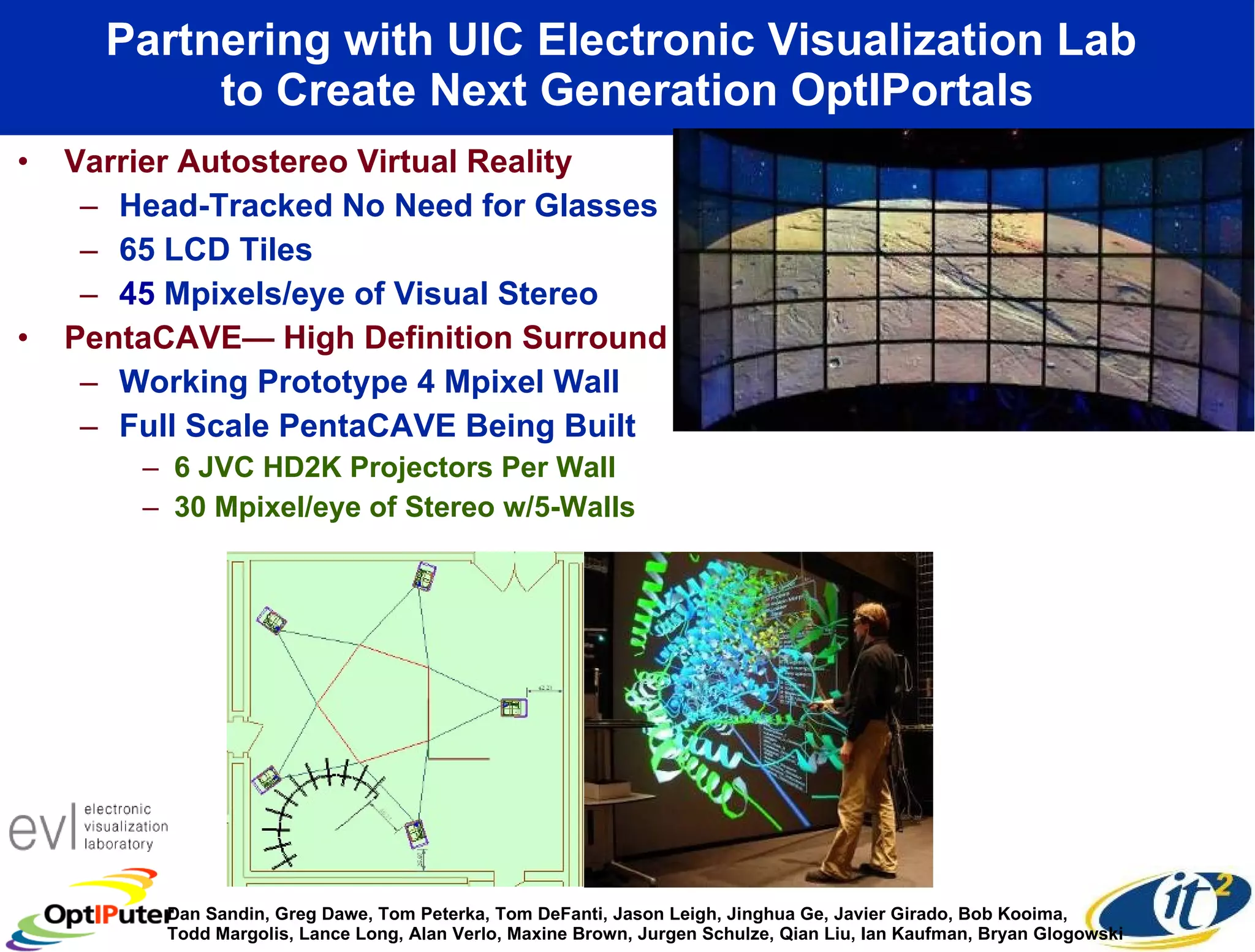 Partnering with UIC Electronic Visualization Lab  to Create Next Generation OptIPortals Varrier Autostereo Virtual Reality Head-Tracked No Need for Glasses 65 LCD Tiles 45  Mpixels/eye of Visual Stereo PentaCAVE— High Definition Surround VR Working Prototype 4 Mpixel Wall Full Scale PentaCAVE Being Built 6 JVC HD2K Projectors Per Wall 30 Mpixel/eye of Stereo w/5-Walls Dan Sandin, Greg Dawe, Tom Peterka, Tom DeFanti, Jason Leigh, Jinghua Ge, Javier Girado, Bob Kooima, Todd Margolis, Lance Long, Alan Verlo, Maxine Brown, Jurgen Schulze, Qian Liu, Ian Kaufman, Bryan Glogowski  
