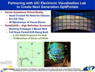 Partnering with UIC Electronic Visualization Lab  to Create Next Generation OptIPortals Varrier Autostereo Virtual Reality Head-Tracked No Need for Glasses 65 LCD Tiles 45  Mpixels/eye of Visual Stereo PentaCAVE— High Definition Surround VR Working Prototype 4 Mpixel Wall Full Scale PentaCAVE Being Built 6 JVC HD2K Projectors Per Wall 30 Mpixel/eye of Stereo w/5-Walls Dan Sandin, Greg Dawe, Tom Peterka, Tom DeFanti, Jason Leigh, Jinghua Ge, Javier Girado, Bob Kooima, Todd Margolis, Lance Long, Alan Verlo, Maxine Brown, Jurgen Schulze, Qian Liu, Ian Kaufman, Bryan Glogowski  