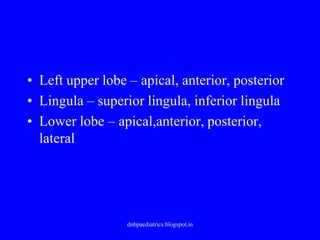 • Left upper lobe – apical, anterior, posterior
• Lingula – superior lingula, inferior lingula
• Lower lobe – apical,anterior, posterior,
lateral
dnbpaediatrics.blogspot.in
 