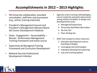 Accomplishments	
  in	
  2012	
  –	
  2013	
  Highlights	
  
• 

HR	
  University	
  collabora9on:	
  provided	
  
consulta9on,	
  staﬀ	
  9me	
  and	
  courseware	
  
(e.g.,	
  online;	
  training	
  materials)	
  

• 

President’s	
  Management	
  Council	
  and	
  
President’s	
  Management	
  Advisory	
  Board	
  
SES	
  Career	
  Development	
  Ini9a9ves	
  

• 

Goals	
  -­‐	
  Engagement	
  –	
  Accountability	
  –	
  
Results:	
  	
  Performance	
  Management	
  
Training	
  Framework	
  and	
  online	
  course	
  

• 

Supervisory	
  &	
  Managerial	
  Training	
  
Framework	
  and	
  Curriculum	
  Development	
  

• 

Na9onal	
  Security	
  Professional	
  
Development	
  Ini9a9ve	
  

• 

• 

Agencies	
  share	
  training	
  methodologies,	
  
course	
  materials	
  and	
  policy	
  documents	
  
saving	
  millions	
  of	
  dollars	
  in	
  design	
  and	
  
developmental	
  costs:	
  
Ø  Managerial/supervisory	
  
Ø  Personally	
  Iden9ﬁed	
  Informa9on	
  	
  
Ø  No	
  Fear	
  Act	
  	
  
Ø  Plain	
  Wri9ng	
  Act	
  
	
  
WIKI	
  Tool	
  created	
  to	
  share	
  resources:	
  
Ø  Execu9ve	
  development	
  and	
  on-­‐
boarding	
  strategies	
  	
  
Ø  Leveraging	
  new	
  technologies	
  
Ø  Individual	
  development	
  planning	
  
Ø  Low	
  cost	
  training	
  op9ons	
  

	
  

15	
  

 