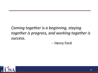 Coming	
  together	
  is	
  a	
  beginning,	
  staying	
  
together	
  is	
  progress,	
  and	
  working	
  together	
  is	
  
success.	
  
	
  
	
  
	
  
	
  	
  	
  	
  	
  	
  	
  	
  -­‐	
  	
  Henry	
  Ford	
  

18	
  

 
