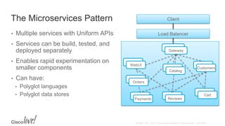 The Microservices Pattern
• Multiple services with Uniform APIs
• Services can be build, tested, and
deployed separately
• Enables rapid experimentation on
smaller components
• Can have:
• Polyglot languages
• Polyglot data stores
Client
Load Balancer
Gateway
Gateway
Customers
ReviewsPayments
Cart
WebUI
Catalog
Orders
 
