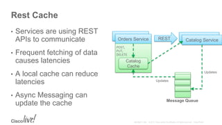 Rest Cache
• Services are using REST
APIs to communicate
• Frequent fetching of data
causes latencies
• A local cache can reduce
latencies
• Async Messaging can
update the cache
Orders Service Catalog ServiceREST
Message Queue
Updates
Updates
Catalog
Cache
POST,
PUT,
DELETE
 