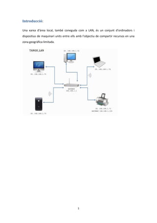 1
Introducció:
Una xarxa d’àrea local, també coneguda com a LAN, és un conjunt d’ordinadors i
dispositius de maquinari uni...