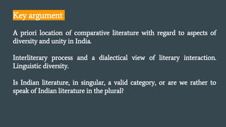 Key argument
A priori location of comparative literature with regard to aspects of
diversity and unity in India.
Interlite...