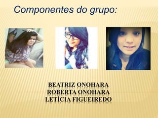 BEATRIZ ONOHARA
ROBERTA ONOHARA
LETÍCIA FIGUEIREDO
Componentes do grupo:
 