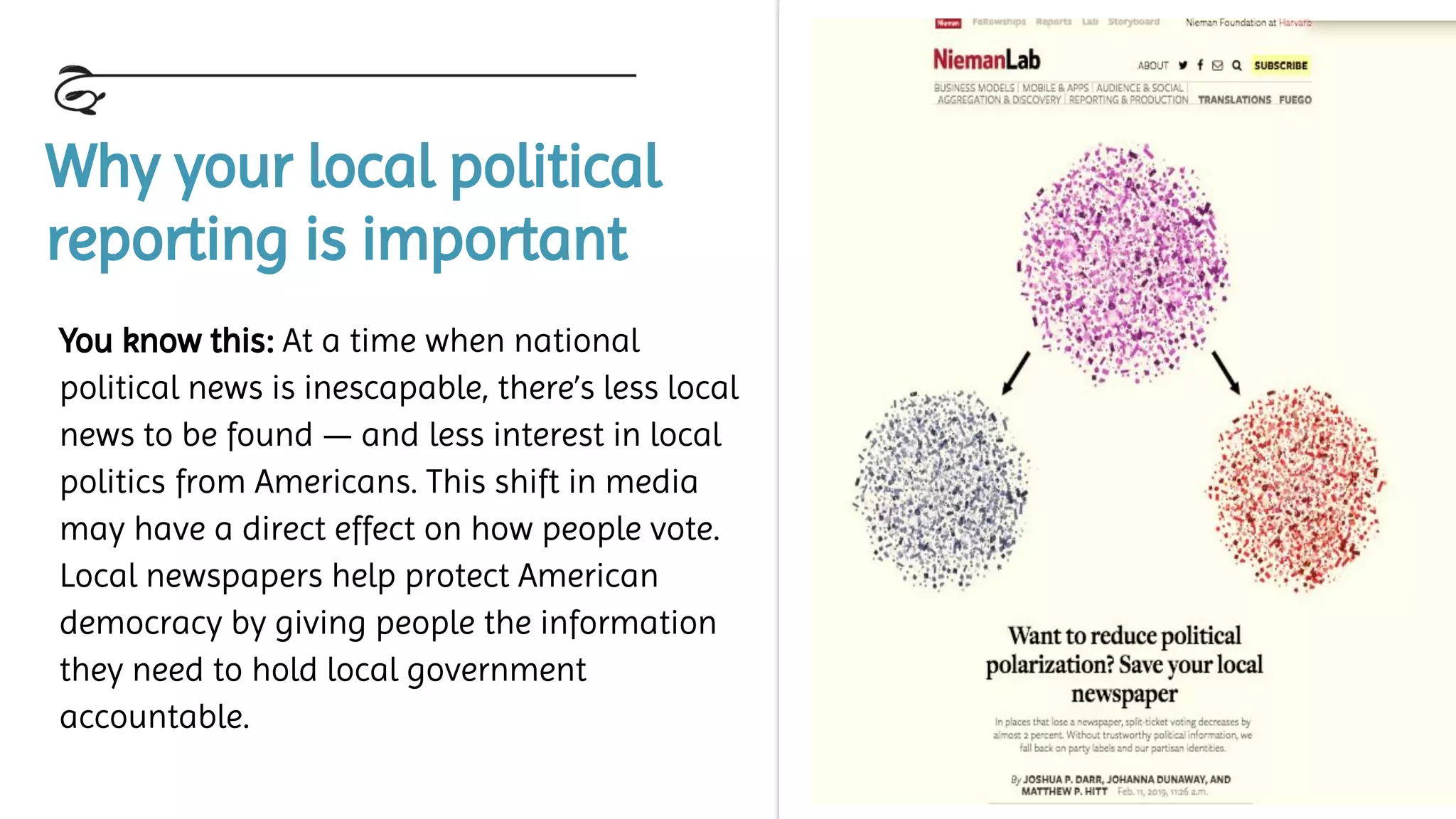 Why your local political
reporting is important
You know this: At a time when national
political news is inescapable, there’s less local
news to be found — and less interest in local
politics from Americans. This shift in media
may have a direct effect on how people vote.
Local newspapers help protect American
democracy by giving people the information
they need to hold local government
accountable.
 