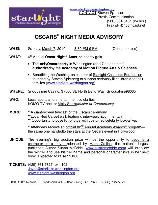 starlight oscar night america 2010 media advisory media advisory