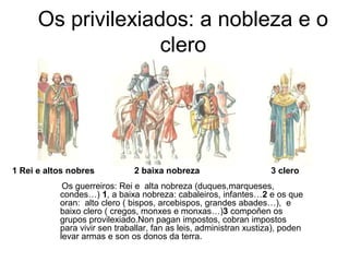 Os privilexiados: a nobleza e o 
clero 
1 Rei e altos nobres 2 baixa nobreza 3 clero 
Os guerreiros: Rei e alta nobreza (duques,marqueses, 
condes…) 1, a baixa nobreza: cabaleiros, infantes…2 e os que 
oran: alto clero ( bispos, arcebispos, grandes abades…), e 
baixo clero ( cregos, monxes e monxas…)3 compoñen os 
grupos provilexiado.Non pagan impostos, cobran impostos 
para vivir sen traballar, fan as leis, administran xustiza), poden 
levar armas e son os donos da terra. 
 