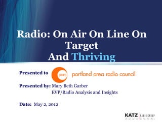 Radio: On Air On Line On
         Target
     And Thriving
Presented to:

Presented by: Mary Beth Garber
              EVP/Radio Analysis and Insights

Date: May 2, 2012
 