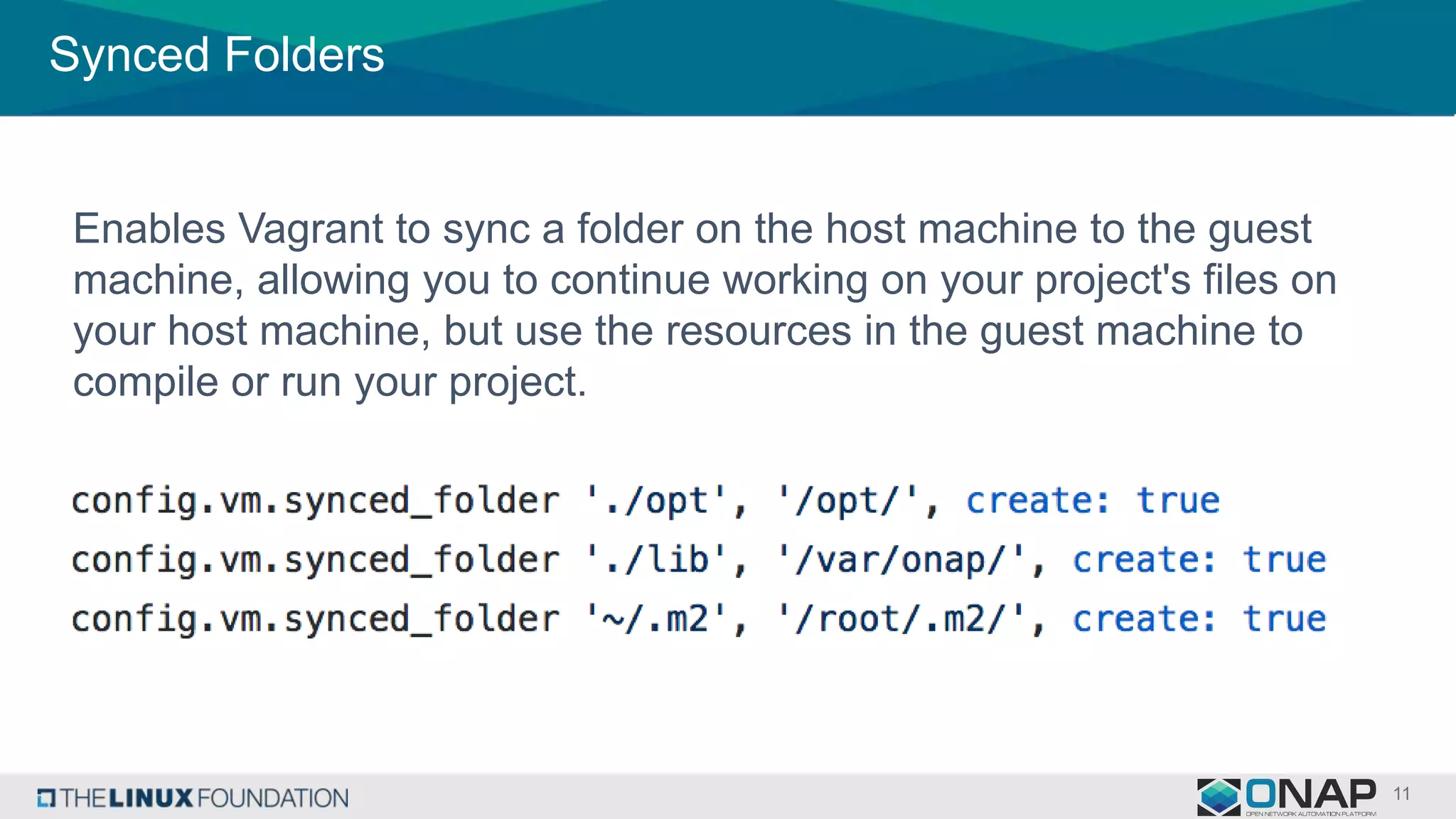 Synced Folders
Enables Vagrant to sync a folder on the host machine to the guest
machine, allowing you to continue working on your project's files on
your host machine, but use the resources in the guest machine to
compile or run your project.
 