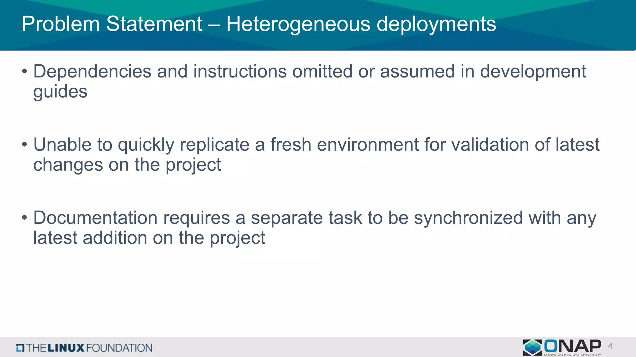 Problem Statement – Heterogeneous deployments
• Dependencies and instructions omitted or assumed in development
guides
• Unable to quickly replicate a fresh environment for validation of latest
changes on the project
• Documentation requires a separate task to be synchronized with any
latest addition on the project
 