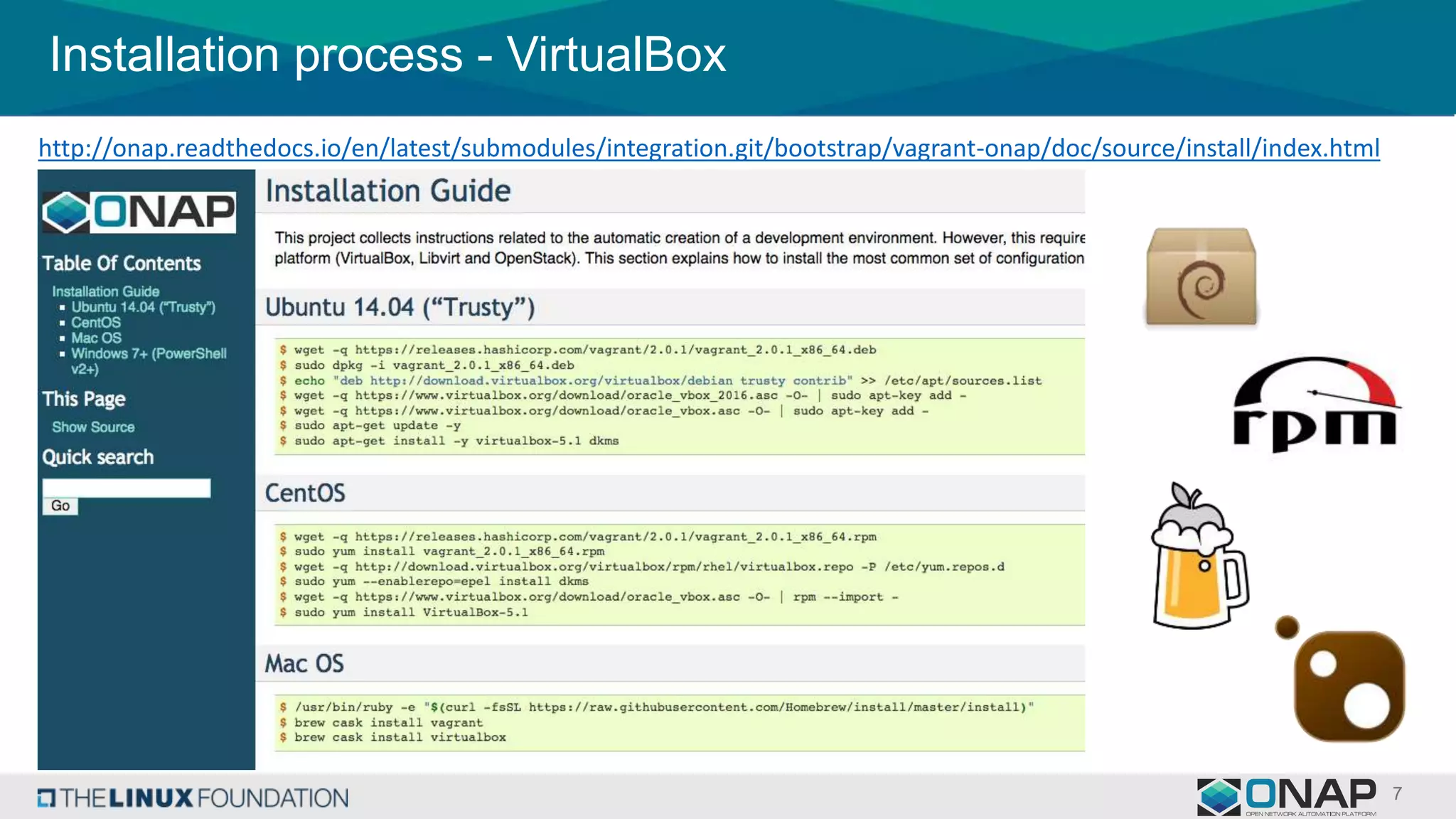 Installation process - VirtualBox
http://onap.readthedocs.io/en/latest/submodules/integration.git/bootstrap/vagrant-onap/doc/source/install/index.html
 
