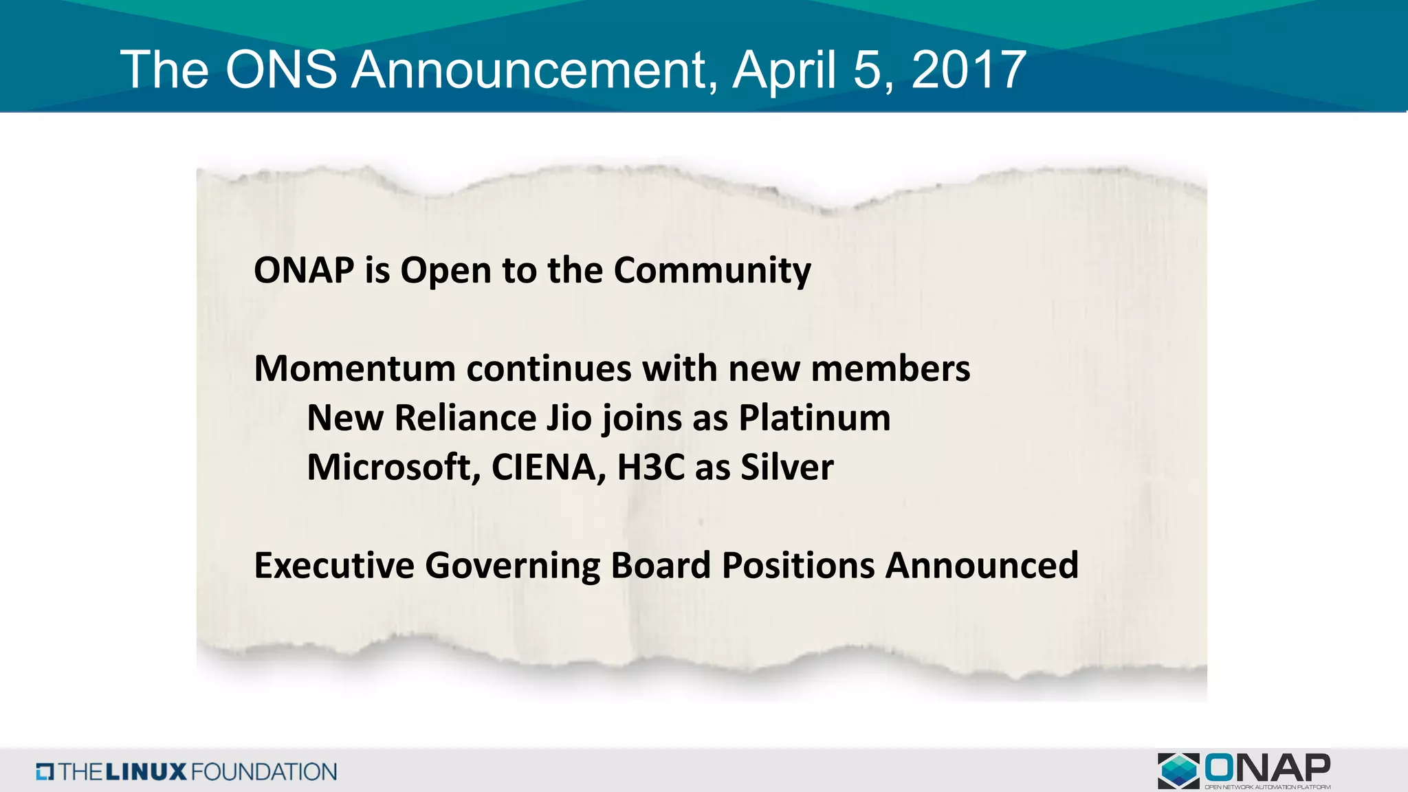 The ONS Announcement, April 5, 2017
ONAP	is	Open	to the	Community
Momentum	continues	with	new	members
New	Reliance	Jio joins	as	Platinum
Microsoft,	CIENA,	H3C	as	Silver
Executive	Governing	Board	Positions	Announced
 