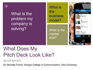 +
What is the
problem my
company is
solving?

What is
the
business
model?
What is the
market
size?

What Does My
Pitch Deck Look Like?
@mediaghosts
Dr. Michelle Ferrier, Scripps College of Communication, Ohio University

 
