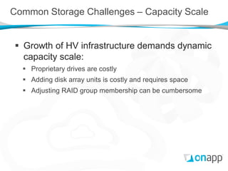 Common Storage Challenges – Capacity Scale


 Growth of HV infrastructure demands dynamic
  capacity scale:
   Proprietary drives are costly
   Adding disk array units is costly and requires space
   Adjusting RAID group membership can be cumbersome
 