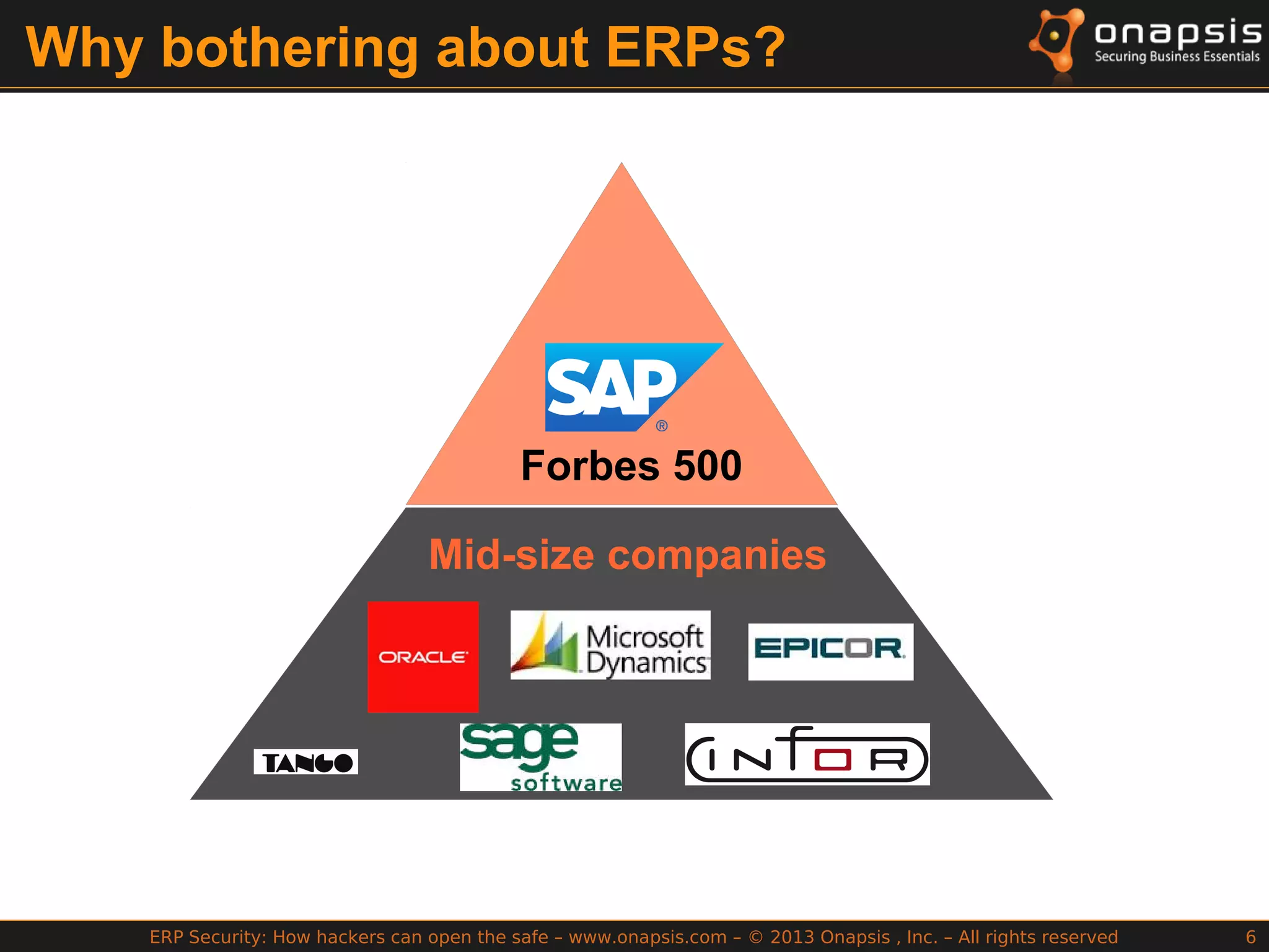 ERP Security: How hackers can open the safe – www.onapsis.com – © 2013 Onapsis , Inc. – All rights reserved 6
Why bothering about ERPs?
Forbes 500
Mid-size companies
 