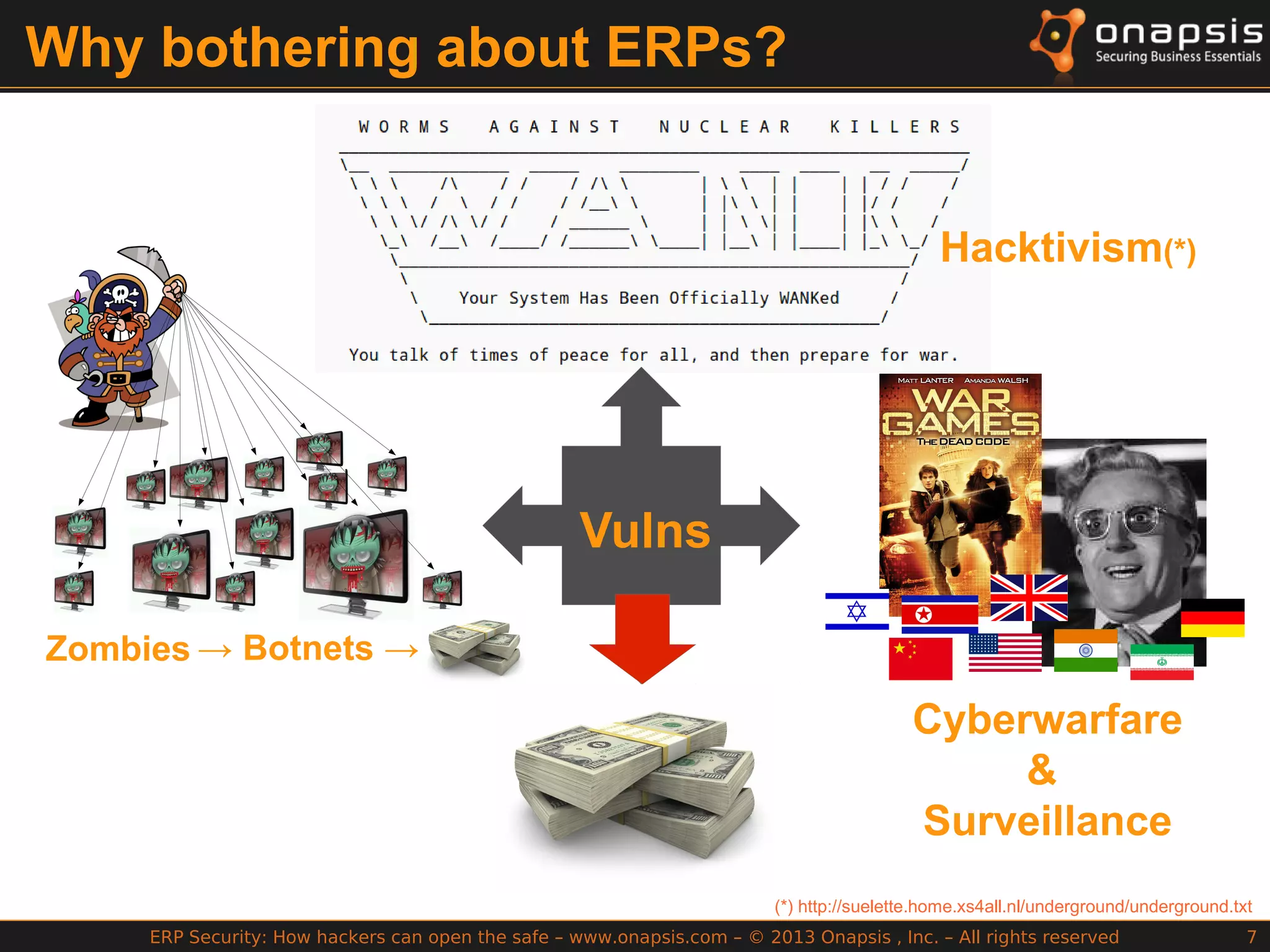 ERP Security: How hackers can open the safe – www.onapsis.com – © 2013 Onapsis , Inc. – All rights reserved 7
Why bothering about ERPs?
Zombies → Botnets →
Hacktivism(*)
Vulns
(*) http://suelette.home.xs4all.nl/underground/underground.txt
Cyberwarfare
&
Surveillance
 