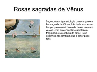 Rosas sagradas de Vênus
          Segundo a antiga mitologia , a rosa que é a
          flor sagrada de Vênus, foi criada ao mesmo
          tempo que o nascimento da deusa do amor.
          A rosa, com sua encantadora beleza e
          fragrância, é o símbolo do amor. Seus
          espinhos nos lembram que o amor pode
          ferir.
 