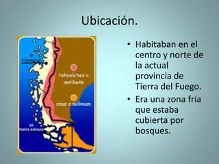 Ubicación.
• Habitaban en el
centro y norte de
la actual
provincia de
Tierra del Fuego.
• Era una zona fría
que estaba
cubierta por
bosques.
 