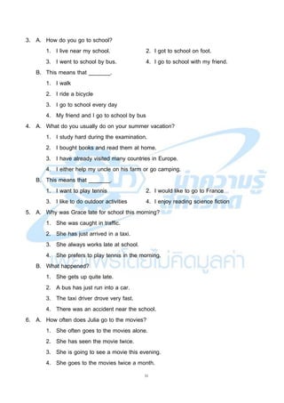 31
3. A. How do you go to school?
1. I live near my school. 2. I got to school on foot.
3. I went to school by bus. 4. I go to school with my friend.
B. This means that _______.
1. I walk
2. I ride a bicycle
3. I go to school every day
4. My friend and I go to school by bus
4. A. What do you usually do on your summer vacation?
1. I study hard during the examination.
2. I bought books and read them at home.
3. I have already visited many countries in Europe.
4. I either help my uncle on his farm or go camping.
B. This means that _______.
1. I want to play tennis 2. I would like to go to France
3. I like to do outdoor activities 4. I enjoy reading science fiction
5. A. Why was Grace late for school this morning?
1. She was caught in traffic.
2. She has just arrived in a taxi.
3. She always works late at school.
4. She prefers to play tennis in the morning.
B. What happened?
1. She gets up quite late.
2. A bus has just run into a car.
3. The taxi driver drove very fast.
4. There was an accident near the school.
6. A. How often does Julia go to the movies?
1. She often goes to the movies alone.
2. She has seen the movie twice.
3. She is going to see a movie this evening.
4. She goes to the movies twice a month.
 