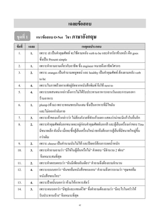 42
เฉลยข้อสอบ
ชุดที่ 1 แนวข้อสอบ O-Net วิชา ภาษาอังกฤษ
ข้อที่ เฉลย เหตุผลประกอบ
1. 1. เพราะ ill เป็นคาคุณศัพท์ จะใช้ตามหลัง verb to be และคากริยาข้างหน้า คือ goes
ซึ่งเป็น Present simple
2. 1. เพราะคาถามถามเกี่ยวกับอาชีพ ซึ่ง engineer หมายถึงอาชีพวิศวกร
3. 2. เพราะ oranges เป็นคานามพหูพจน์ และ healthy เป็นคาคุณศัพท์ ต้องตามหลัง verb
to be
4. 4. เพราะในภาพถ้วยกาแฟอยู่ถัดจากหนังสือพิมพ์ จึงใช้ next to
5. 4. เพราะบทสนทนากล่าวถึงการไม่ได้รับประทานอาหารกลางวันและการมองหา
ร้านอาหาร
6. 1. plump (ท้วม) เพราะทอมชอบกินแฮม ซึ่งเป็นอาหารที่มีไขมัน
และไม่ออกกาลังกาย
7. 3. เพราะเจ้าของแก้วกล่าวว่า ไม่ต้องกังวลที่ทาแก้วแตก แสดงว่าน่าจะมีแก้วใบอื่นอีก
8. 2. เพราะคาคุณศัพท์บอกขนาดจะอยู่ก่อนคาคุณศัพท์บอกสี และตู้เย็นเครื่องเก่าของ Tina
มีขนาดเล็ก ดังนั้น เมื่อจะซื้อตู้เย็นเครื่องใหม่ เธอจึงต้องการตู้เย็นที่มีขนาดใหญ่ขึ้น
กว่าเดิม
9. 2. เพราะ cheese เป็นคานามนับไม่ได้ และปีเตอร์ต้องการลดน้าหนัก
10. 3. เพราะคาถามถามว่า “มีไข่ในตู้เย็นหรือไม่” คาตอบ “มีจานวน 2 ฟอง”
จึงเหมาะสมที่สุด
11. 2. เพราะคาตอบตอบว่า “ฉันมีเพียงอันเดียว” คาถามจึงต้องถามจานวน
12. 4. เพราะเบนบอกว่า “ฉันขอยืมหนังสือของแอน” คาถามจึงควรถามว่า “คุณขอยืม
หนังสือของใคร”
13. 4. เพราะป้ายนั้นบอกว่า ห้ามให้อาหารสัตว์
14. 3. เพราะเจนบอกว่า “มีซุปและแซนด์วิช” ซึ่งคาถามต้องถามว่า “มีอะไรในครัวให้
รับประทานบ้าง” จึงเหมาะที่สุด
 